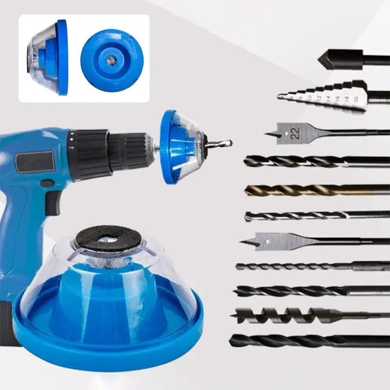 Blue electric drill dust cover accessory for collecting debris when drilling holes.