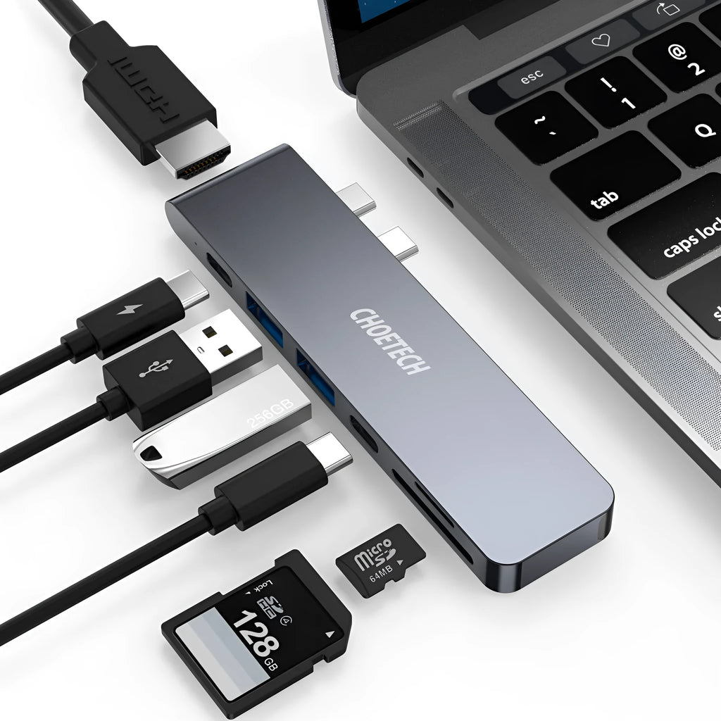 USB C adapter with SD card reader showing Thunderbolt 3, USB 3.0, HDMI and charging ports