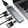 USB C adapter with SD card reader showing Thunderbolt 3, USB 3.0, HDMI and charging ports