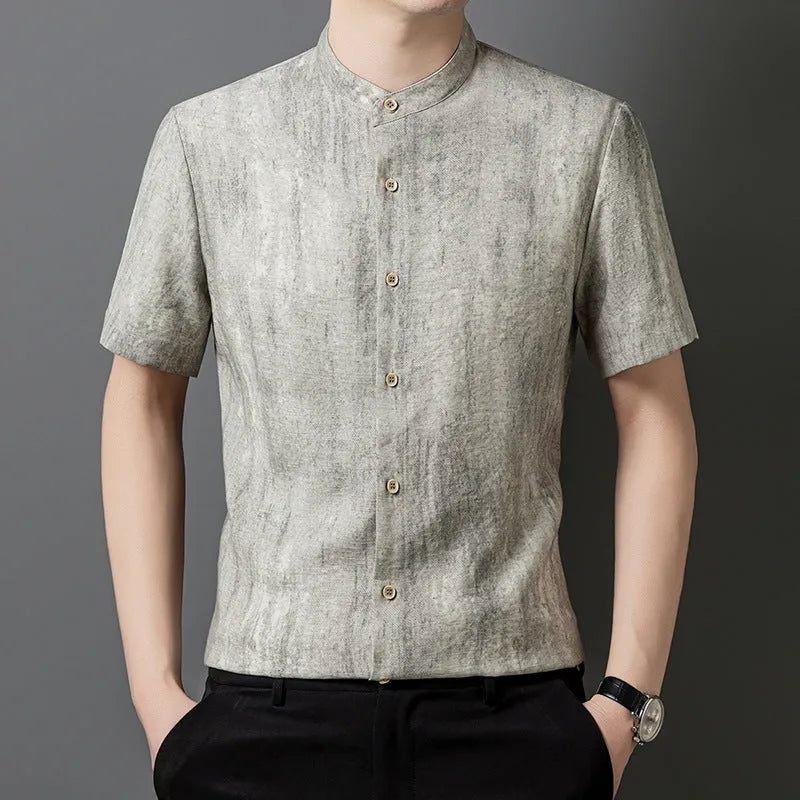 Men's loose fit linen blend shirt with stand collar in neutral colours