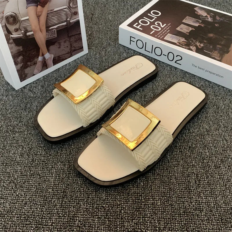 Women's casual flat slippers in apricot, black, or khaki with a waterproof PVC sole.