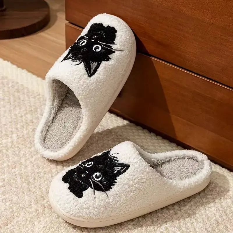 White cartoon black beard cat couple plush cotton slippers with non-slip TPR soles for indoor wear