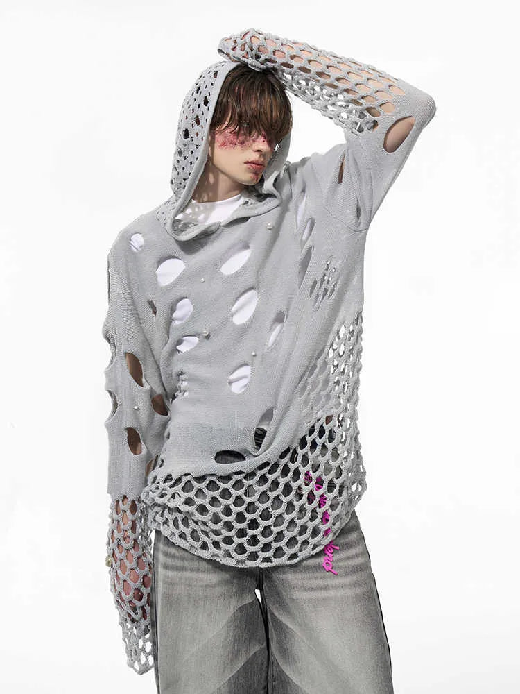 Black men's hooded sweater with pearl decoration, loose fit pullover hoodie