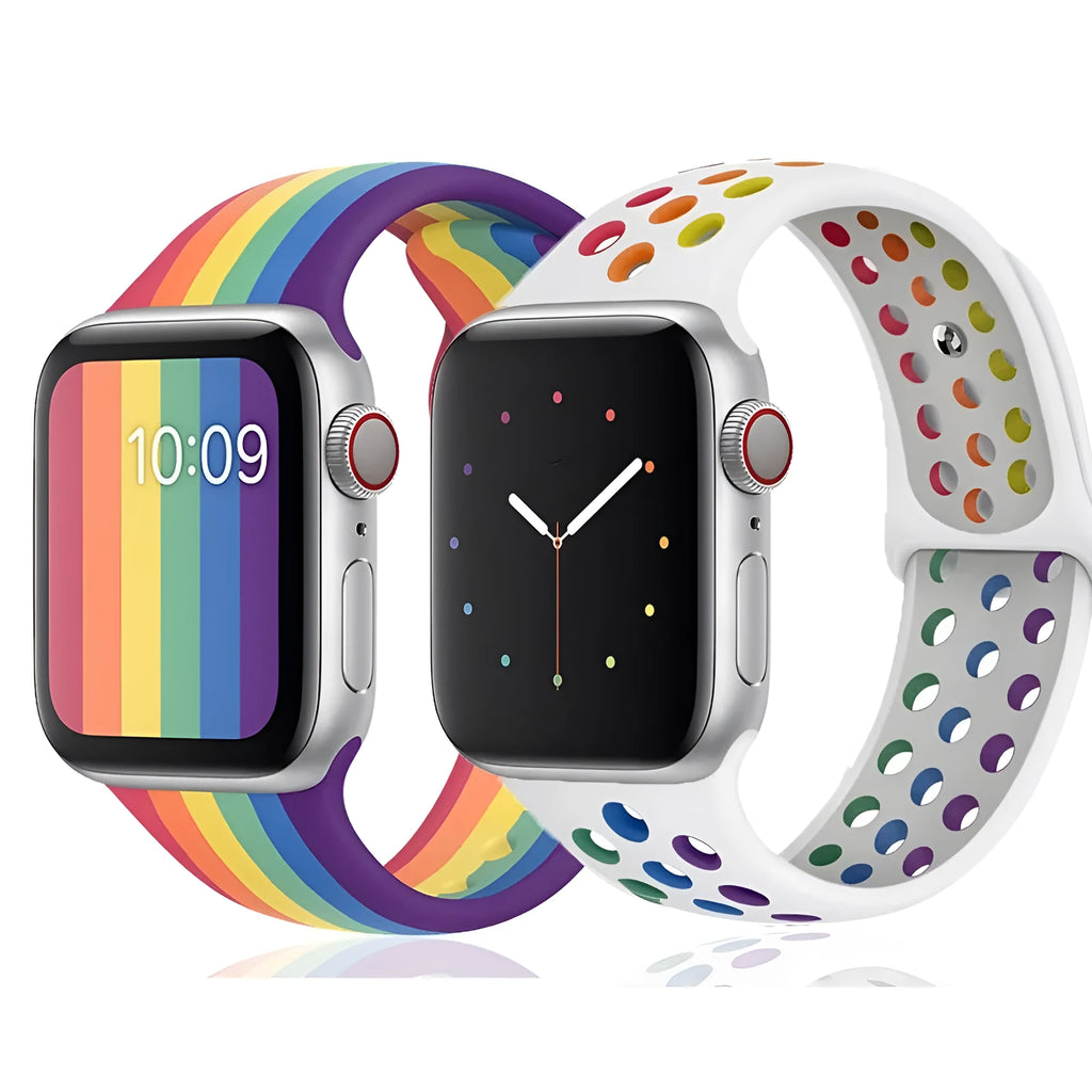 Silicone sports wristband with single buckle adjustable strap in black, rainbow and white colour options