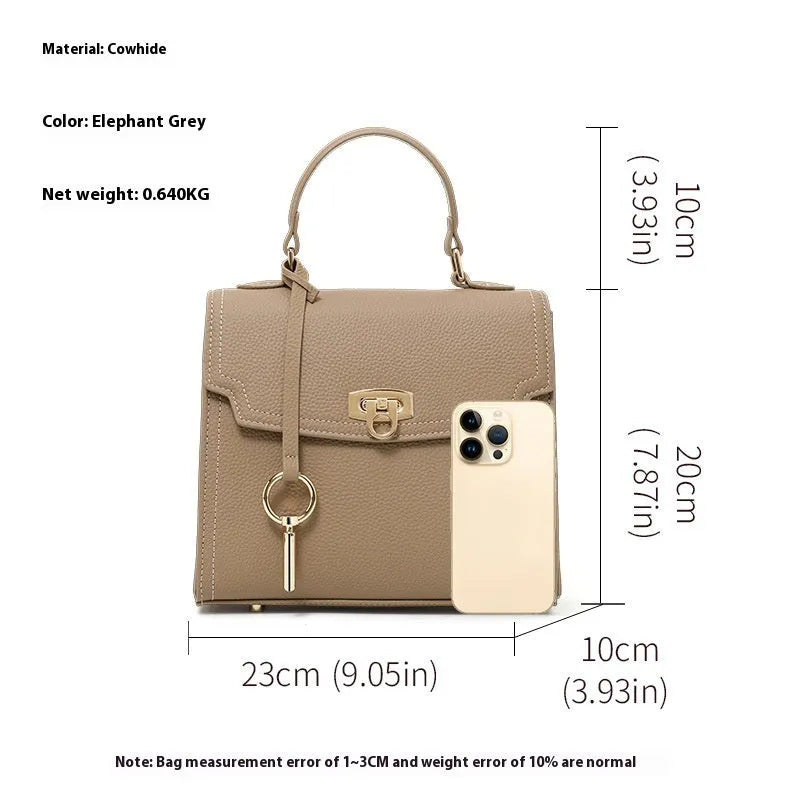 Elephant grey genuine leather crossbody handbag with vintage lock and litchi pattern texture