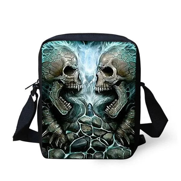 Children's medium messenger bag with skull character patterns showing double shoulder straps and zipper opening