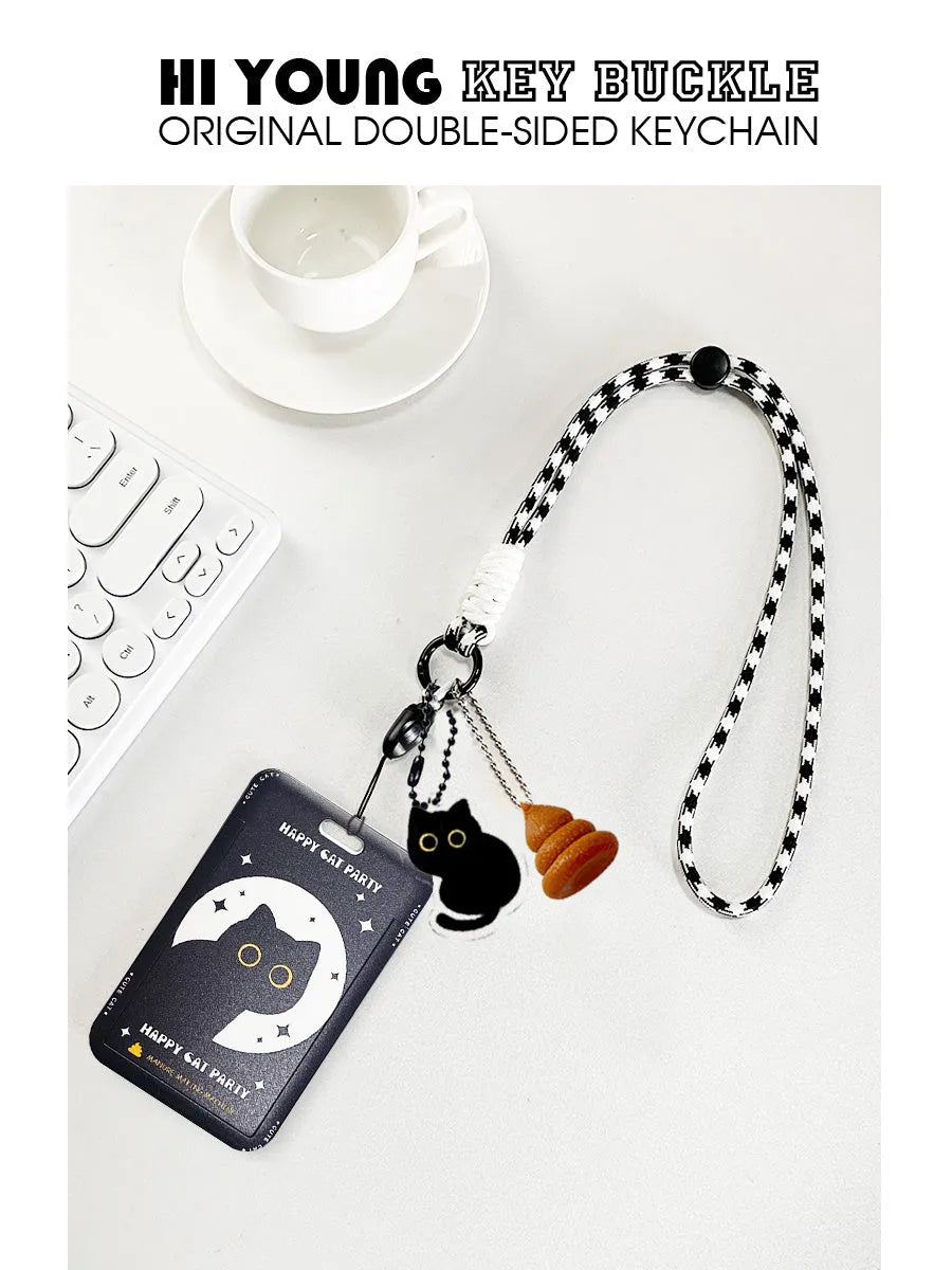 Cute little black cat cartoon design plastic card holder with ferrule pendant.