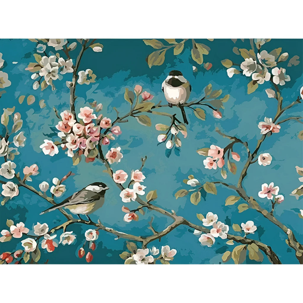 Blue flowers and birds abstract oil painting on 40x50cm linen canvas
