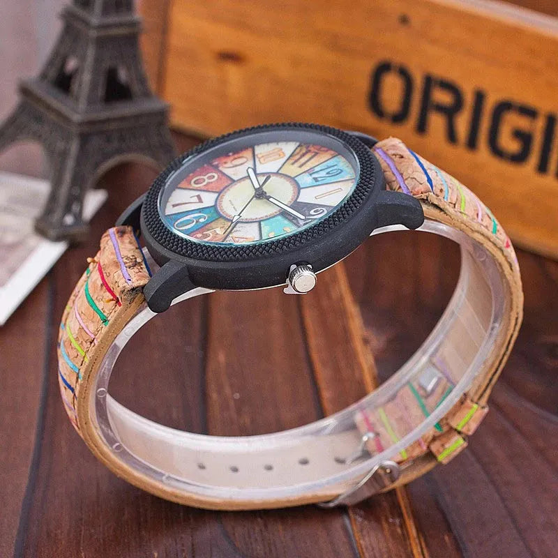 Women's vintage leather wrist watch with round 37mm dial and stainless steel buckle