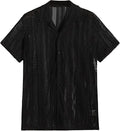 Men's black knitted short-sleeved button-front cardigan shirt with jacquard pattern