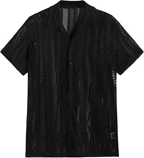 Men's black knitted short-sleeved button-front cardigan shirt with jacquard pattern