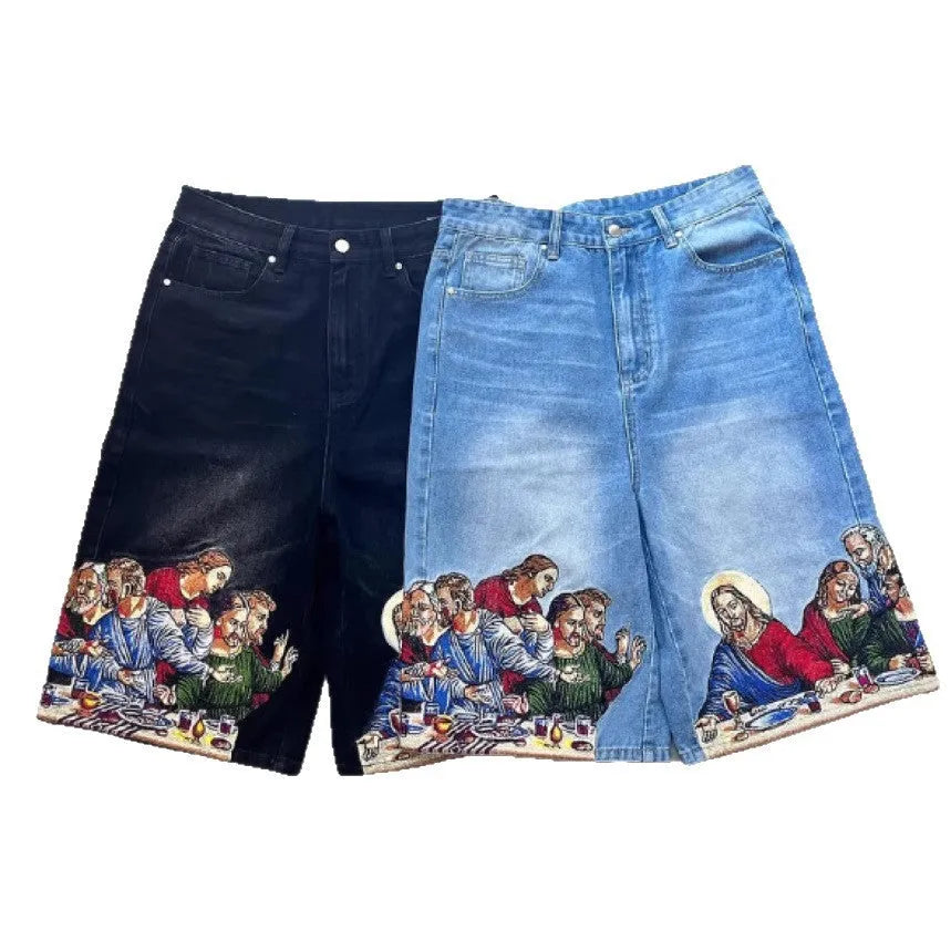 Blue men's cotton tapered shorts showing a Jesus print on the back right pocket.