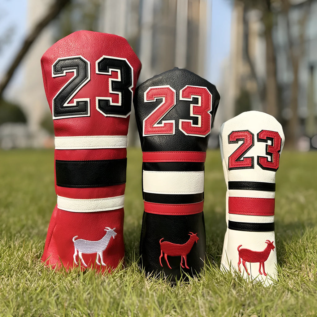Ram No 1 fairway wood and square putter headcover set in black, red, white, or yellow PU material.