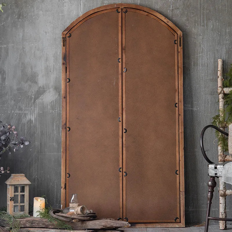Terrace distressed fake window wall mirror with wooden glass frame in log colour, A316 style