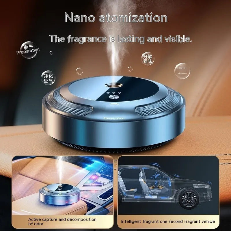 Car air freshener with zinc alloy shell and automatic spray function, 89mm by 35mm dimensions