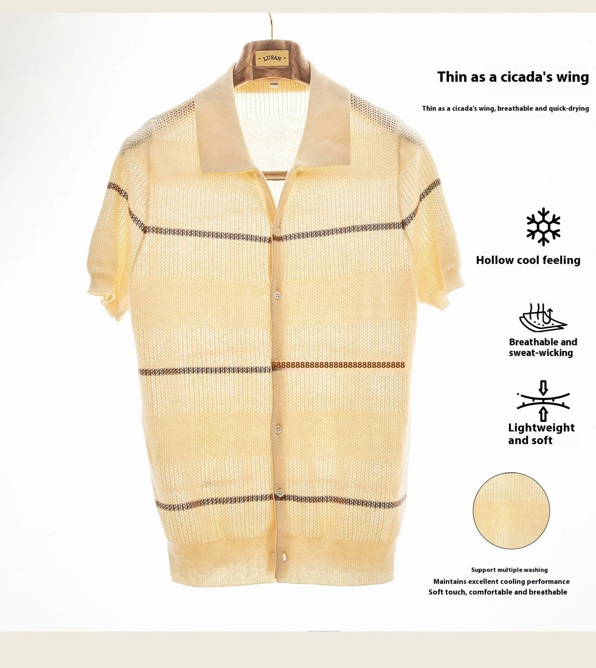 Camel coloured lapel collar cardigan with short sleeves made from cotton linen blend fabric