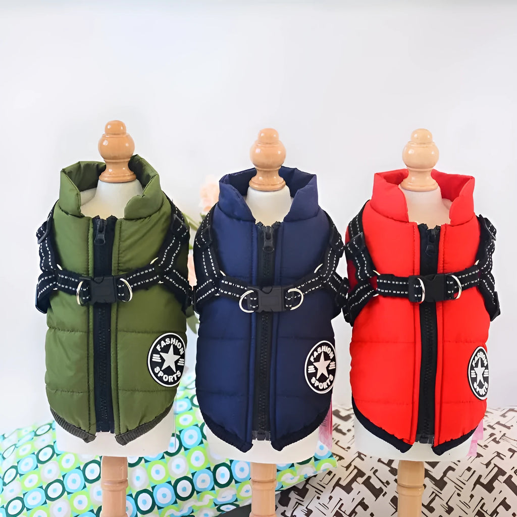 Waterproof dog coat with harness in red, navy blue, or army green, sizes XS to 4XL