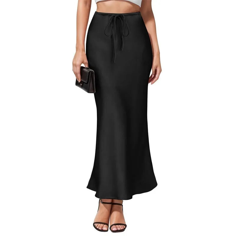 Asymmetric acetate satin skirt with high waist and irregular hemline stitching in six colour options