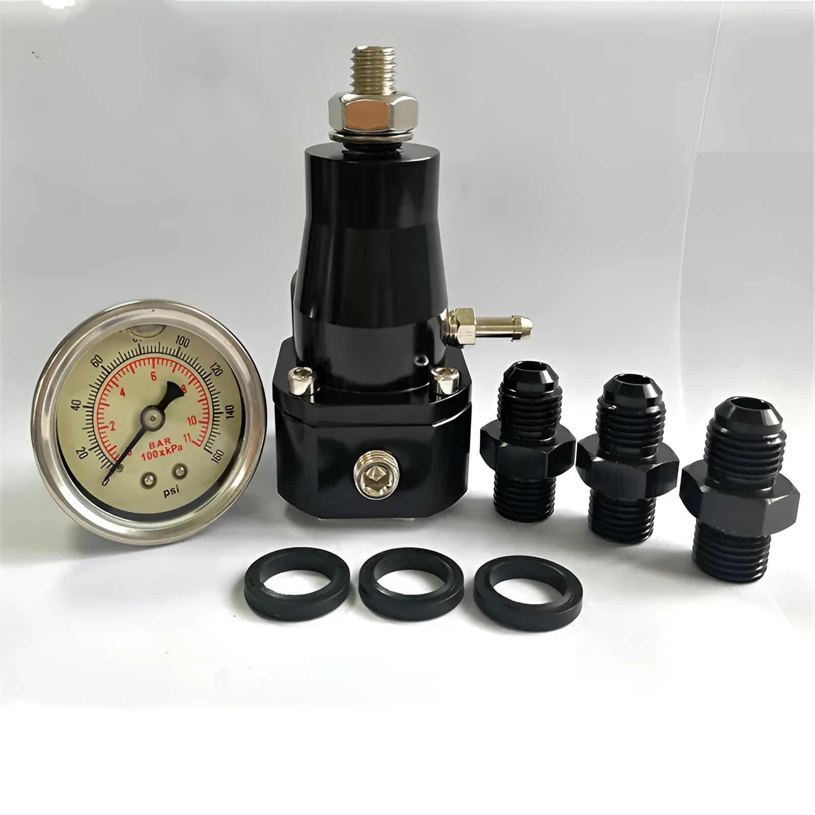 Black CNC aluminium fuel pressure regulator with adjustable pressure gauge and mounting strap