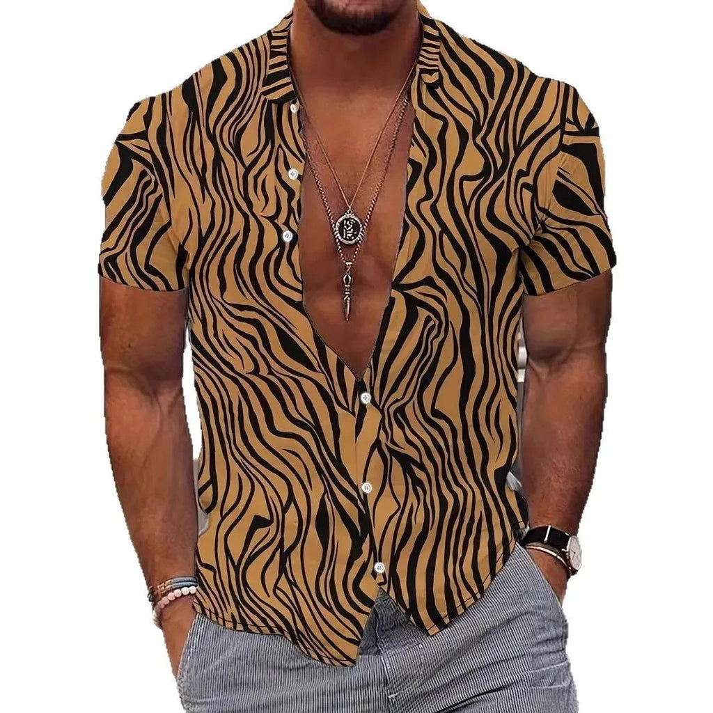 Men's slim fit geometric print short sleeve shirt with a lapel collar on a hanger.