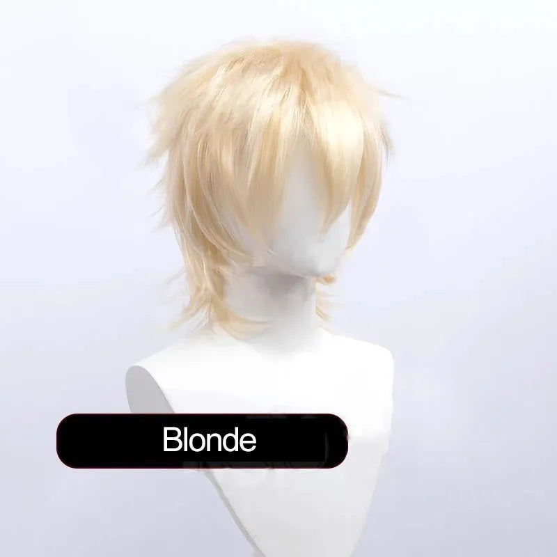 Men's short anime cosplay wig in multiple colours made from heat-resistant synthetic fibre