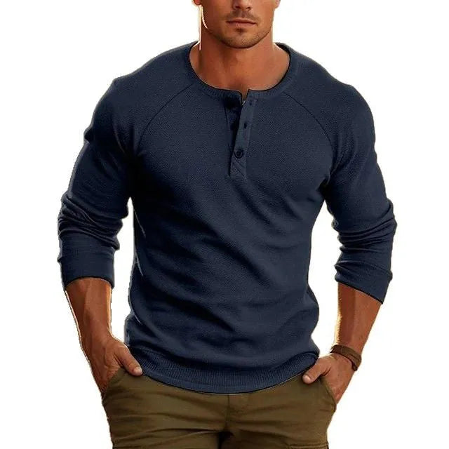 Men's white long-sleeved t-shirt with henry collar and pullover design