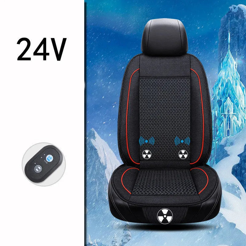 Black car ventilation seat cushion with massage function showing 60x60cm dimensions on car seat