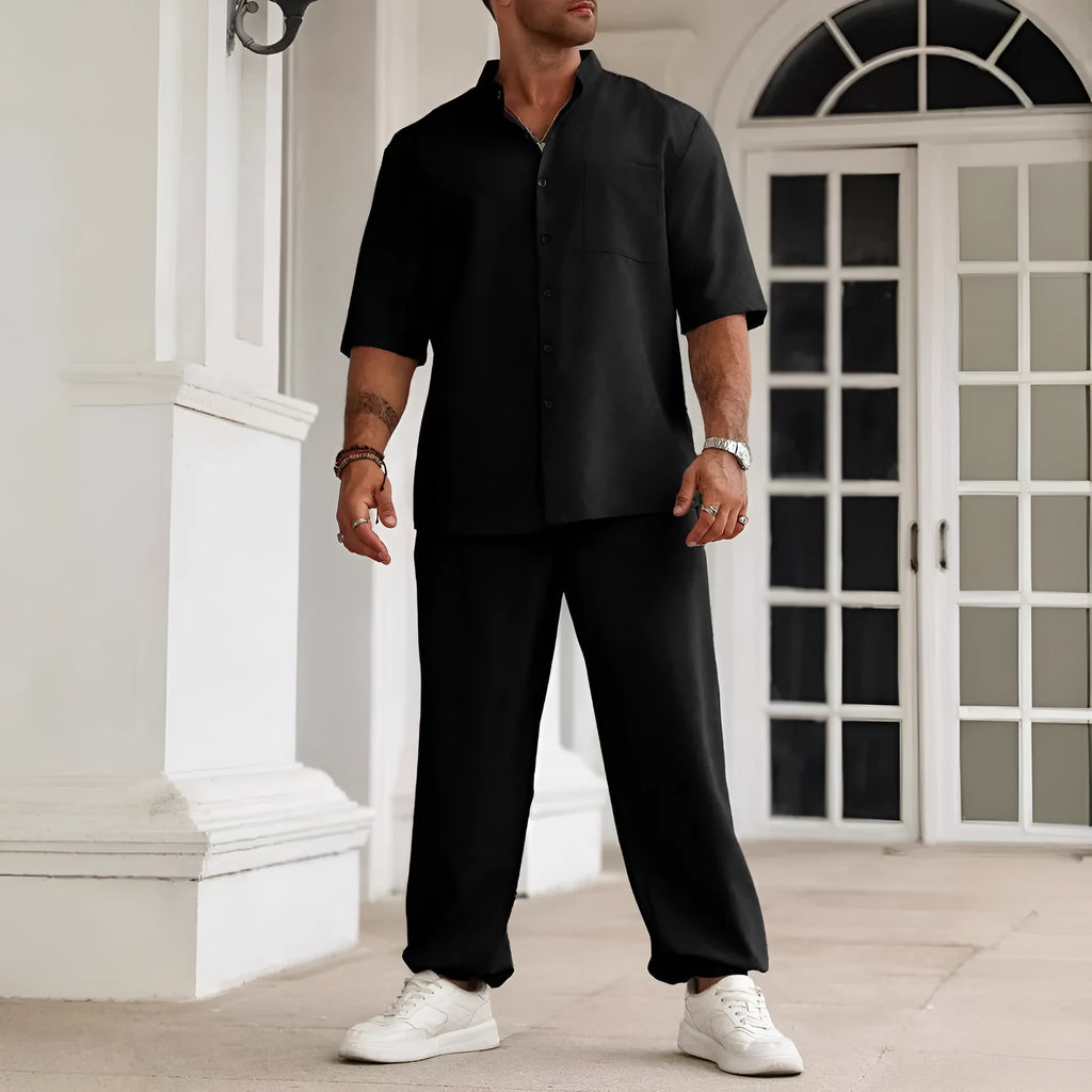 Men's casual cotton linen trousers set with button short-sleeve shirt in black, gray, and apricot colours