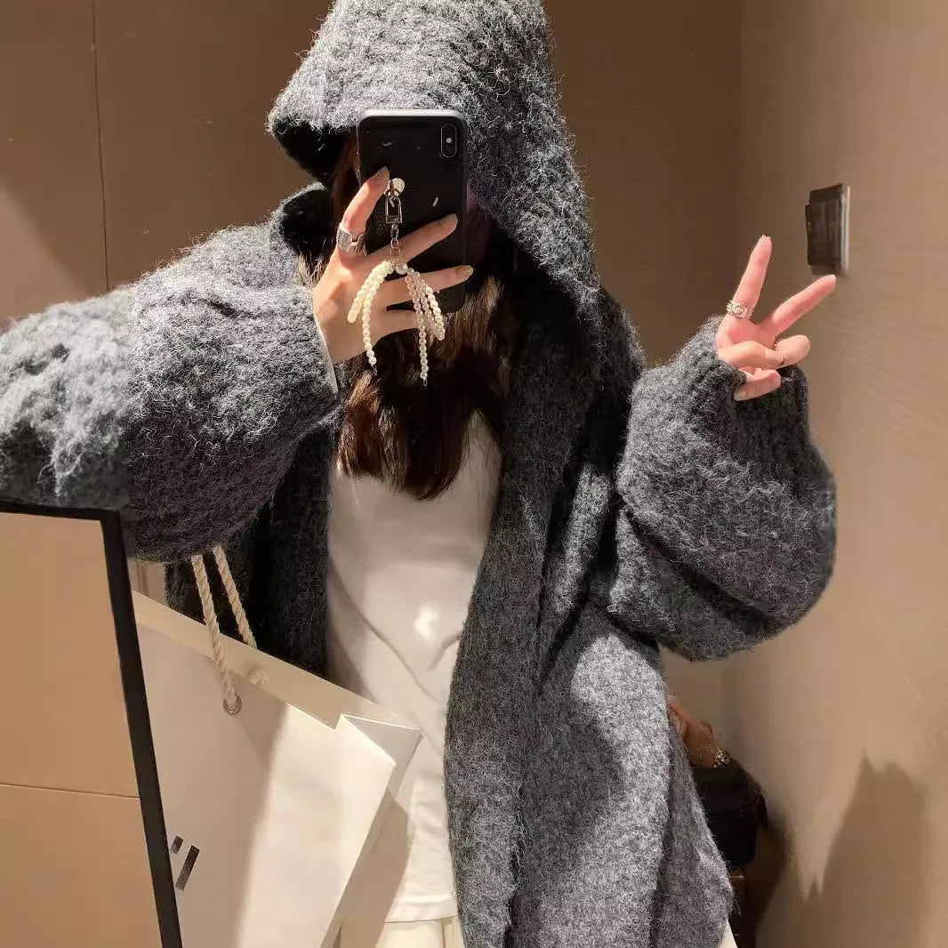 Retro Maillard hooded sweater cardigan for women in dark grey, brown or milky white solid colours