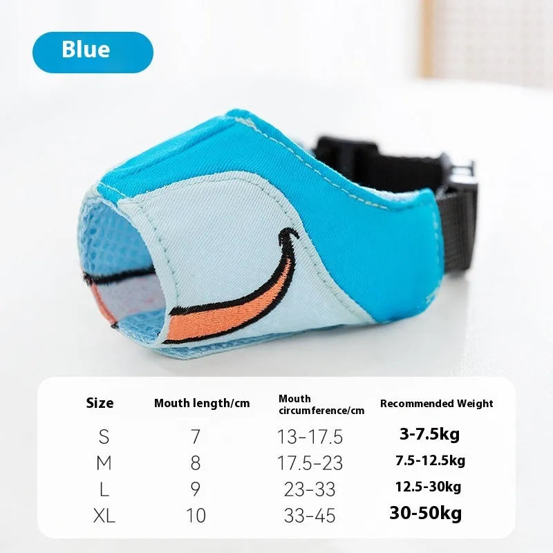 Canvas dog muzzle mouth cover in Bondi Blue Shark design, shown in size L for dogs 12.5-30kg.