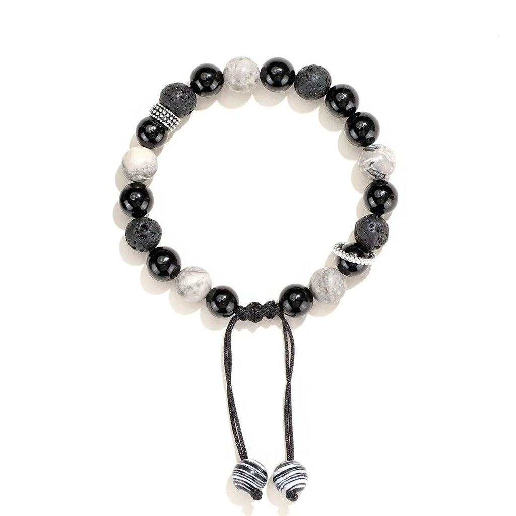 Black agate map stone volcanic bracelet showing diamond shape design and electroplated finish