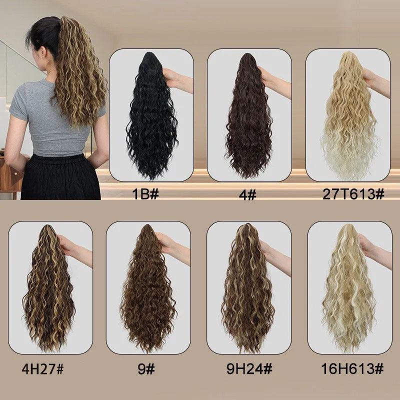 Corn curl synthetic wig with a water ripple grip ponytail in high temperature fibre, shown in colour 1B.