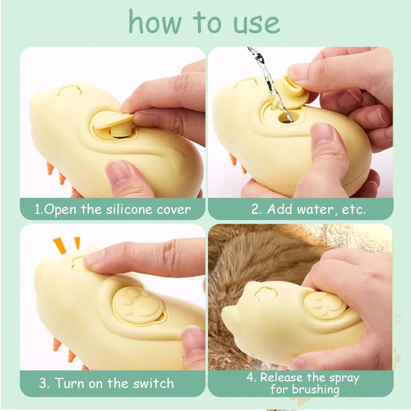 3-in-1 cat steamy brush with self-cleaning steam function for pet hair removal