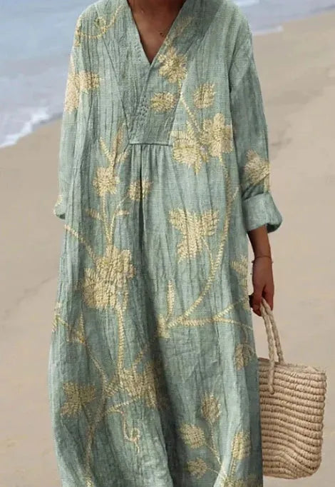 Women's long sleeve floral 3D printed shirt dress with a wide waist, shown in a casual setting.