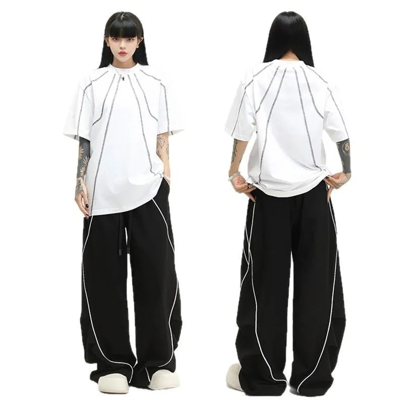 Black striped pleated wide-leg hip hop sports pants in loose fit design