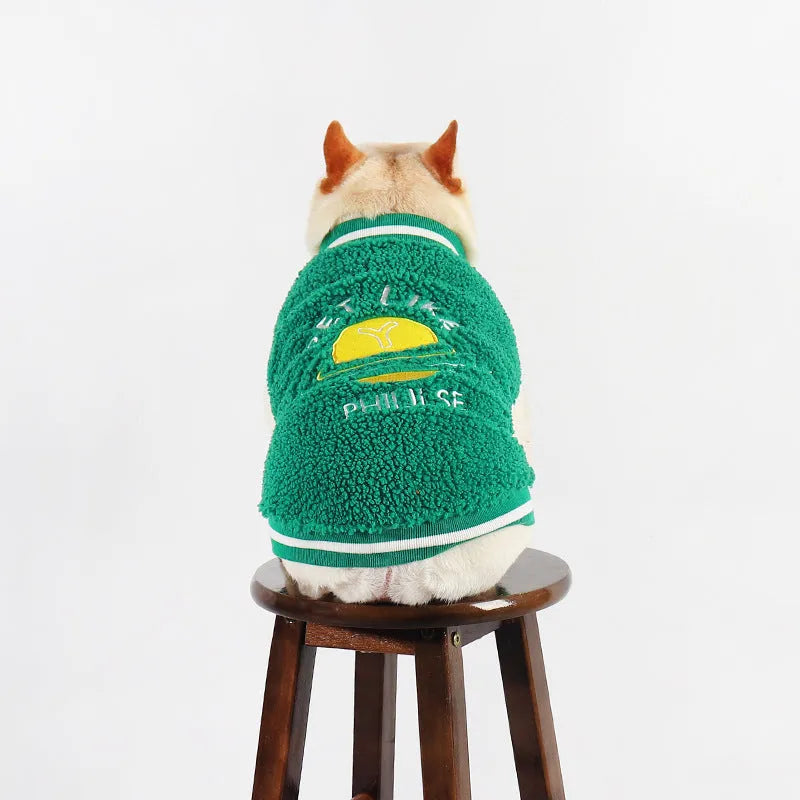 Green fleece-lined winter dog clothing coat in cotton fabric available in multiple sizes
