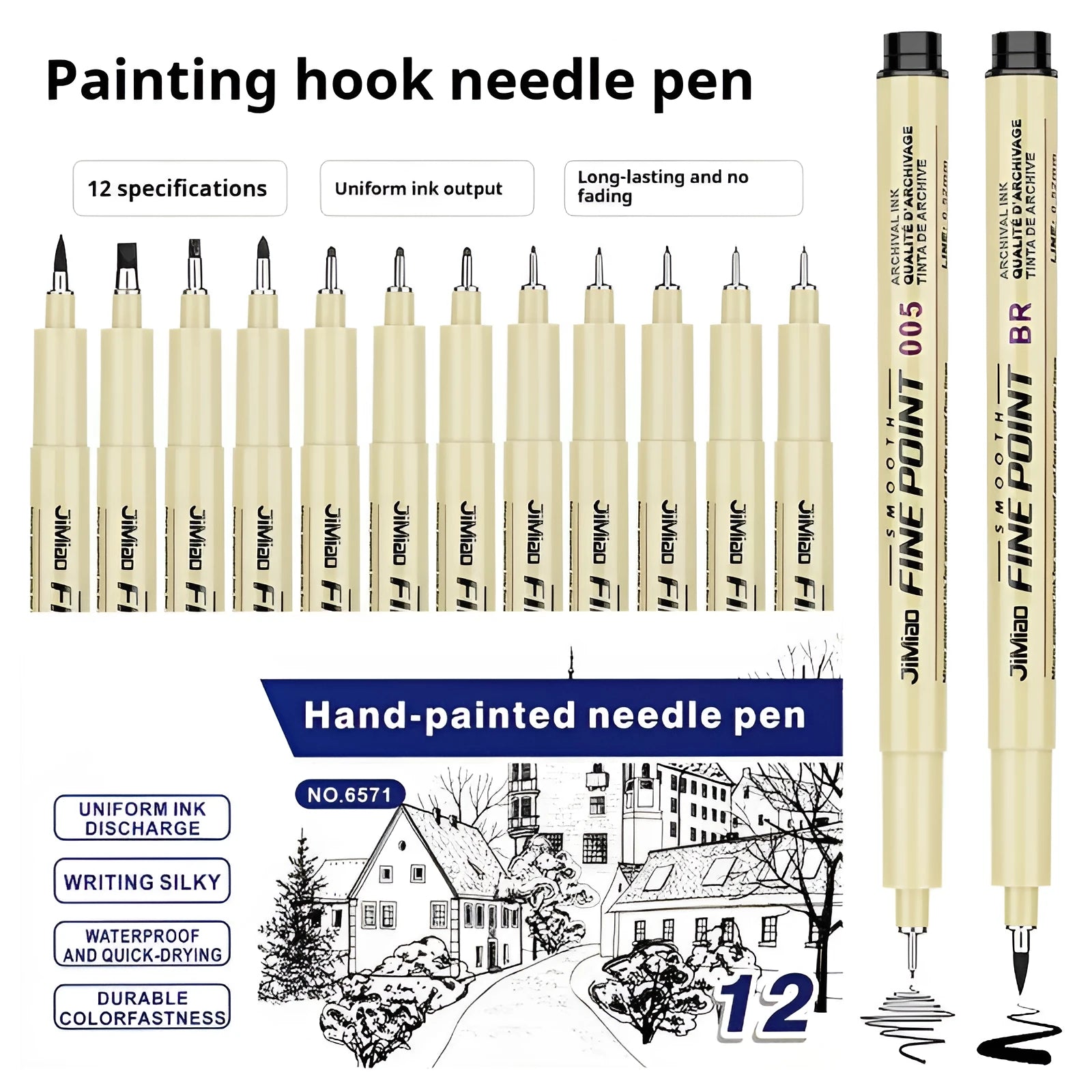 Black needle tip drawing pen with cartoon syringe and hook line artwork on a 133mm plastic barrel.