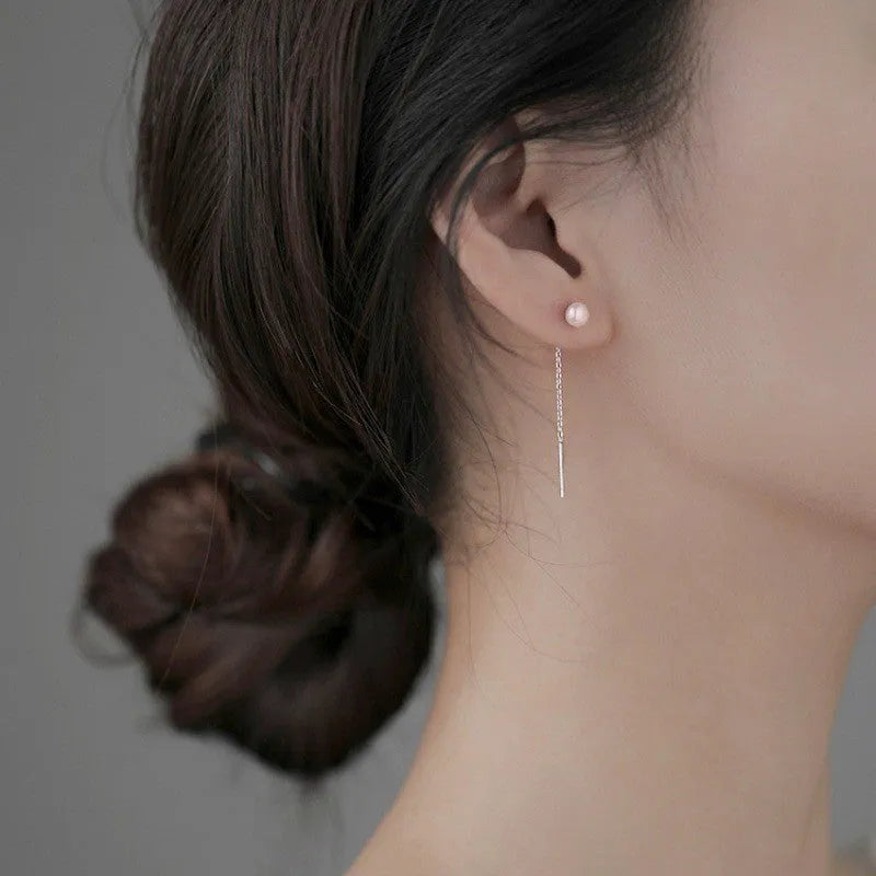 Sterling silver ear thread earrings with a selection of pearl, zircon, clay ball, and geometric star or heart charms.