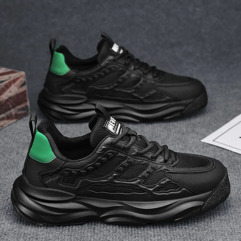 Men's white and black breathable mesh shoes with round toe design and PU mesh upper