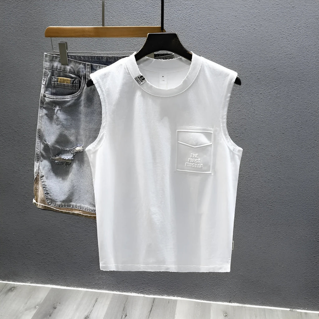 Men's solid colour loose fit cotton sleeveless t-shirt on a hanger