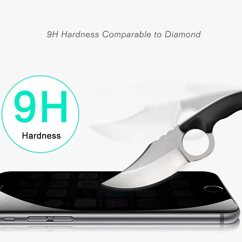 Black anti-peeping tempered glass screen protector for iPhone models on a white background