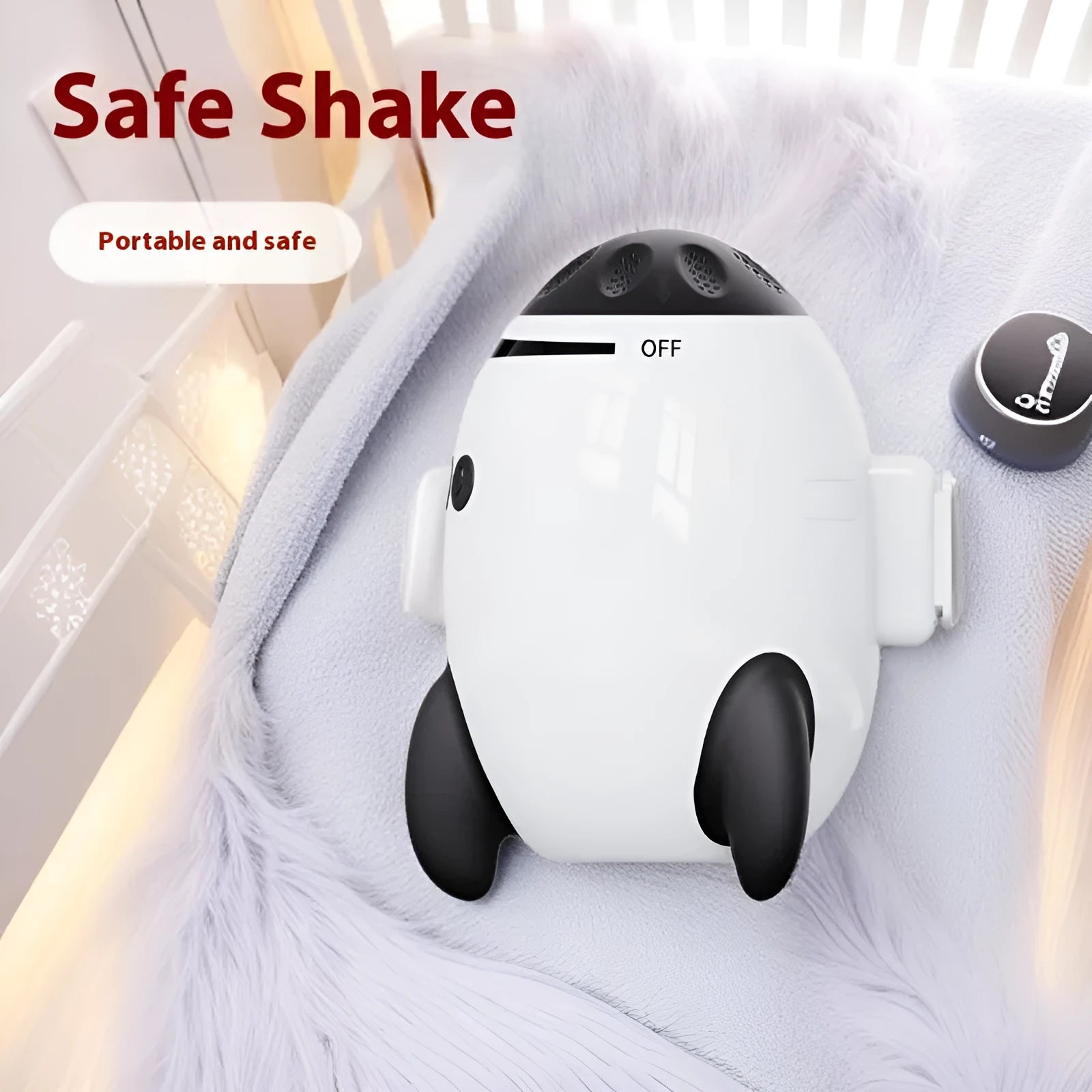 White portable baby stroller shaking device with Bluetooth for white noise, measuring 12 by 9.3 by 8 cm.