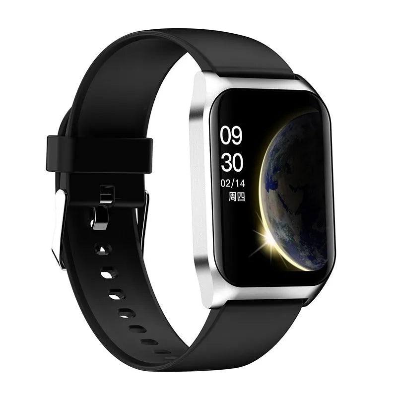 Black smart watch with heart rate monitoring and Bluetooth call features on silicone wrist strap