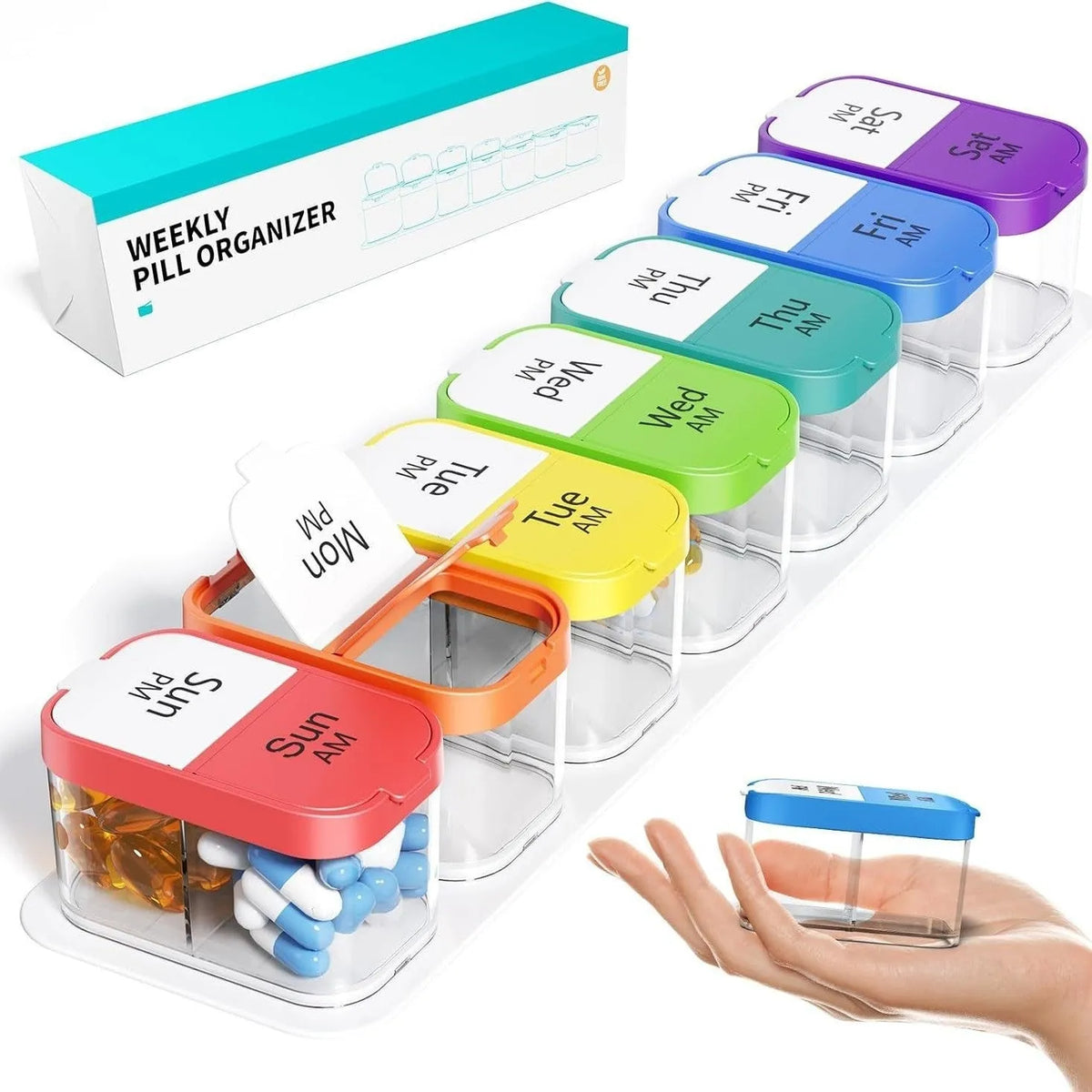 White and rainbow coloured extra large plastic pill organiser with 14 removable compartments.