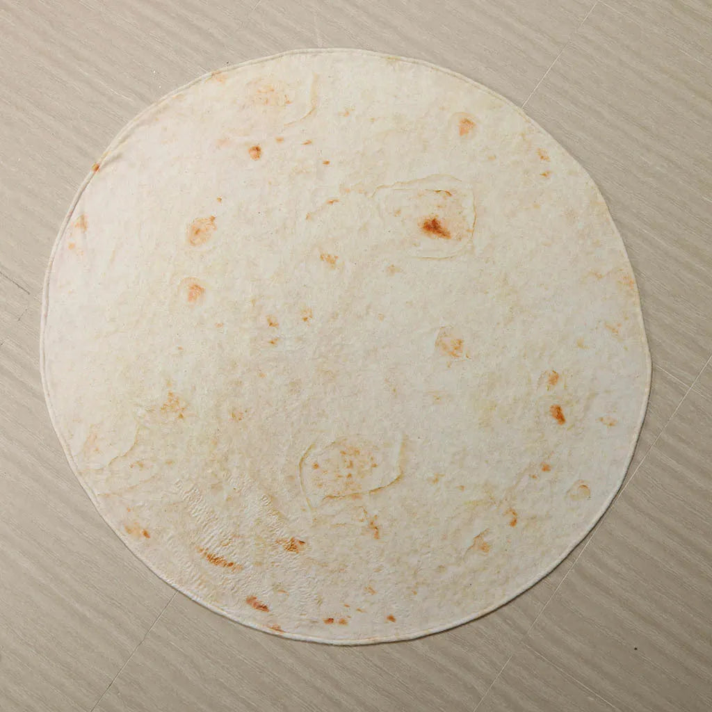 Round shape flannel burrito blanket with food-themed printing showing coral fleece texture
