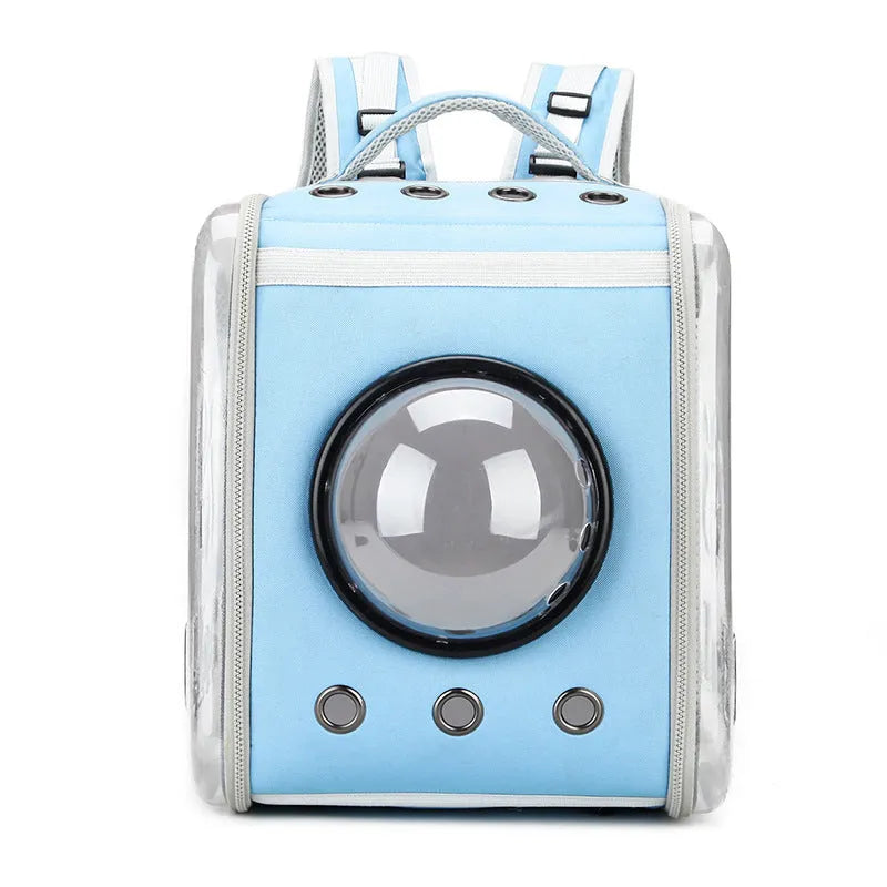 Foldable EVA pet backpack with transparent space capsule, cover, and 15 kg capacity in black