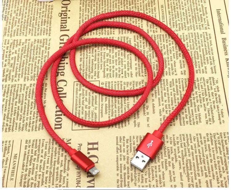 Denim braided Type-C charging cable showing black, blue and red colour options with aluminium alloy connectors