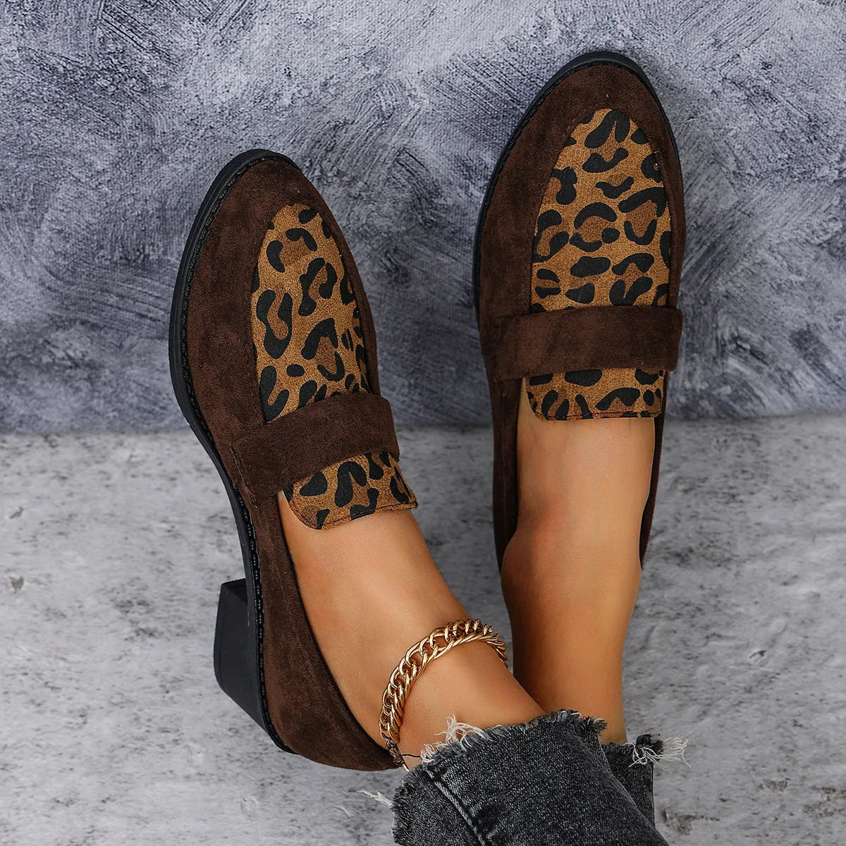 Leopard print suede casual pumps with chunky heel and pointed toe in three colour options
