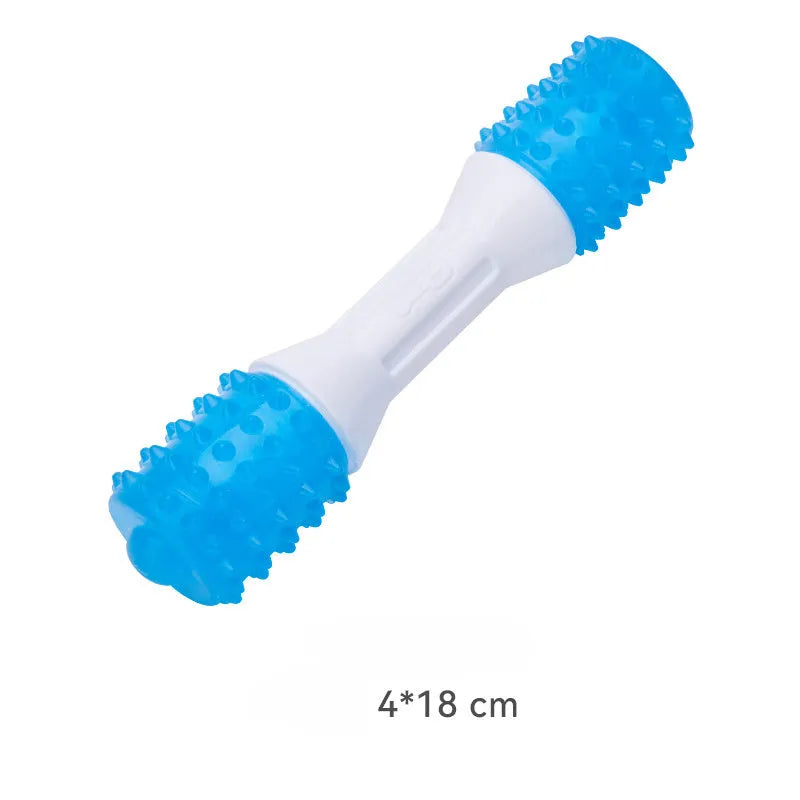 Dual-colour dog chew toy for teething puppies, shown in small, medium, and large sizes.