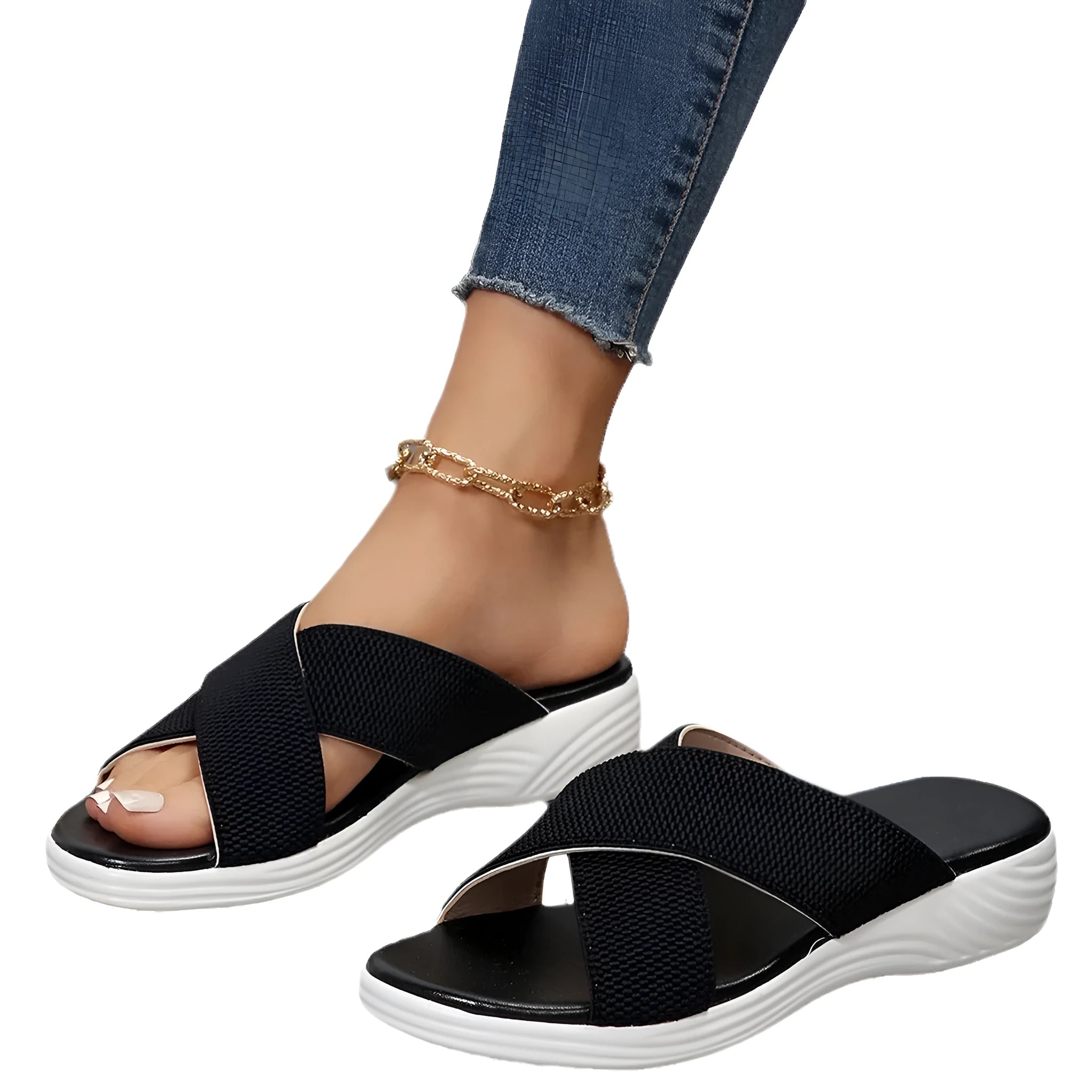 Women's black peep-toe wedge slippers with a thick flat rubber sole